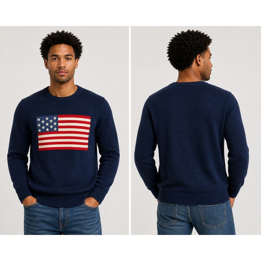 Chaps American Flag Sweater Mens Medium Navy Crewneck Cotton USA